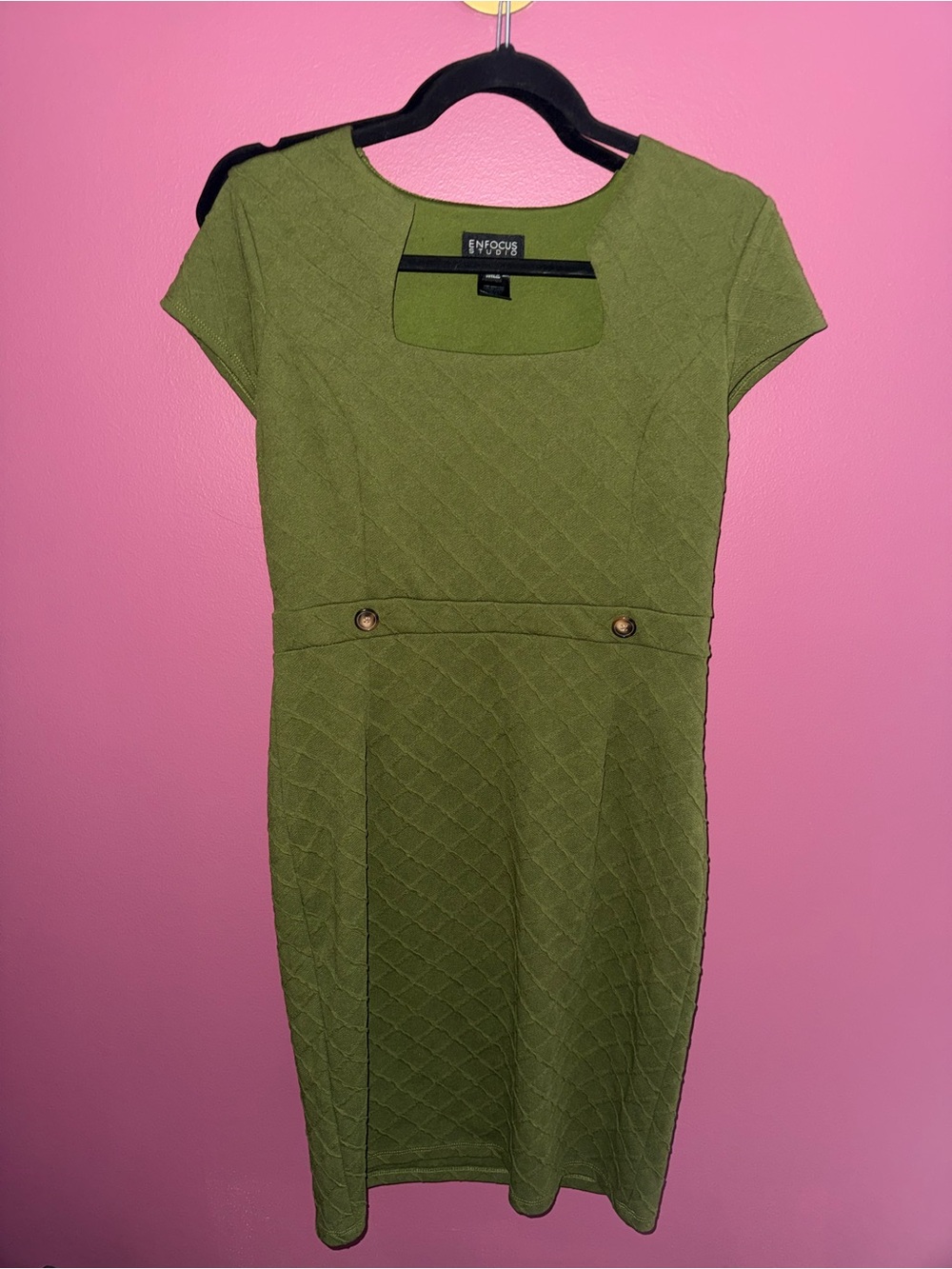 Olive Green Quilted Sheath Midi Dress
